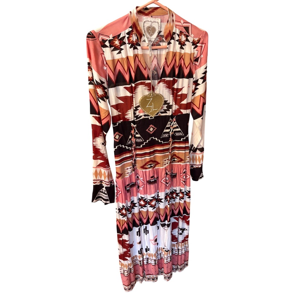 Z&L Southwestern Geometric Print Lace Up Waist Maxi Dress Long Sleeve Pink S NWT